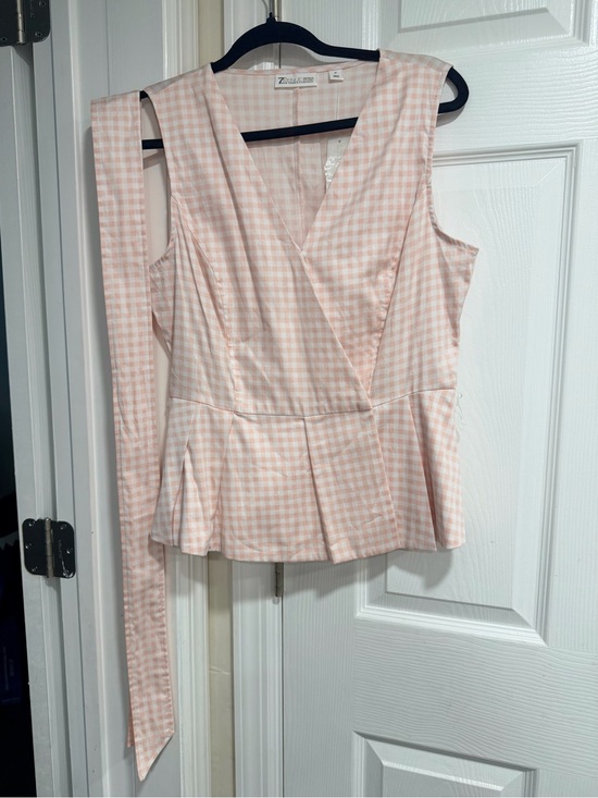New York & Company Tops - New York & Company Light Pink Gingham Peplum Wrap Camisole